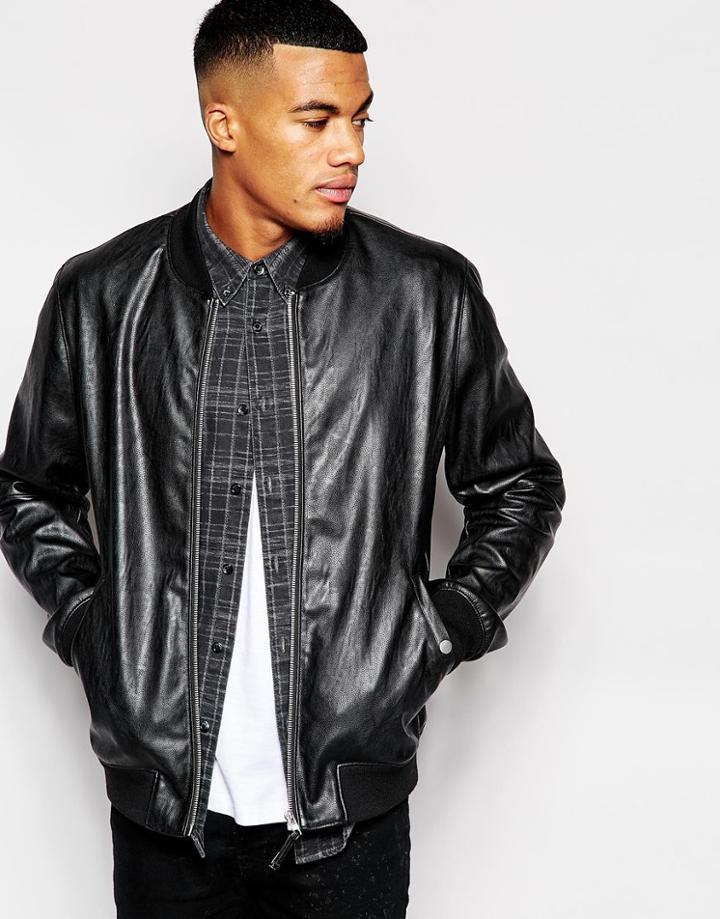 Asos Faux Leather Bomber Jacket In Black - Black