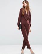 Asos Long Sleeve Jumpsuit With Collar And Wrap Front - Port