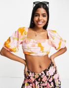 Asos Design Cotton Linen Ruched Top In Pink Based Floral - Part Of A Set-multi