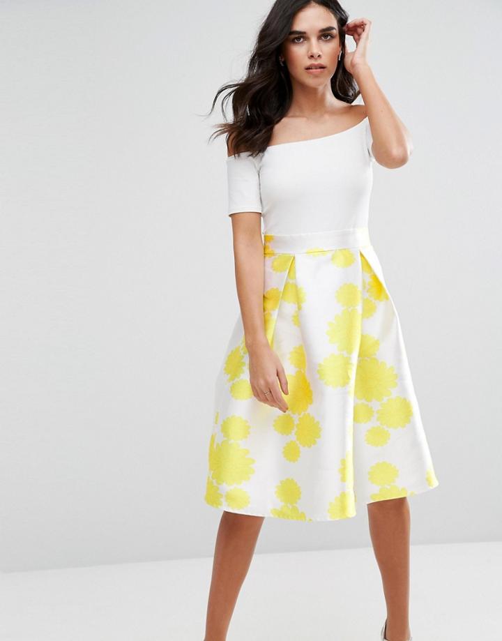 Ax Paris Bardot Midi Skater Dress With Floral Skirt - Multi