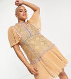 Asos Design Curve Mini Dress With Contrast Lace Trim And Pleated Cape Sleeve-orange