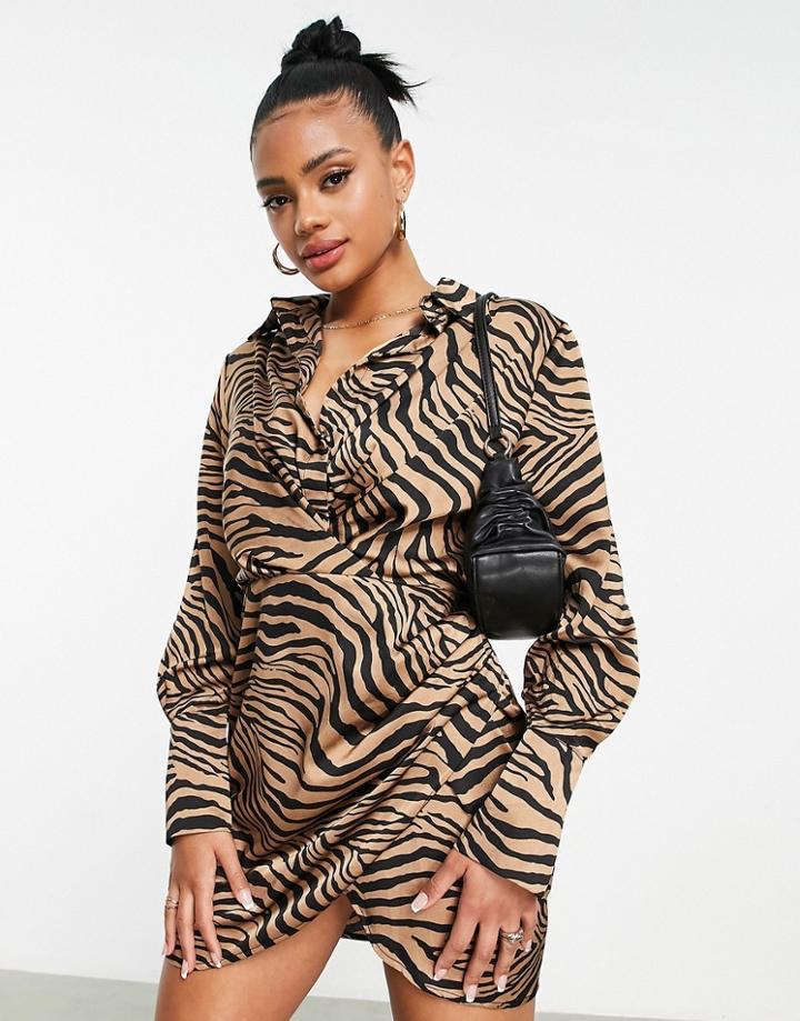 Ax Paris Wrap Shirt Mini Dress In Animal Print-multi