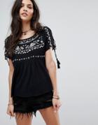 Hollister Peasant Top With Tassel Sleeve And Embroidery - Black