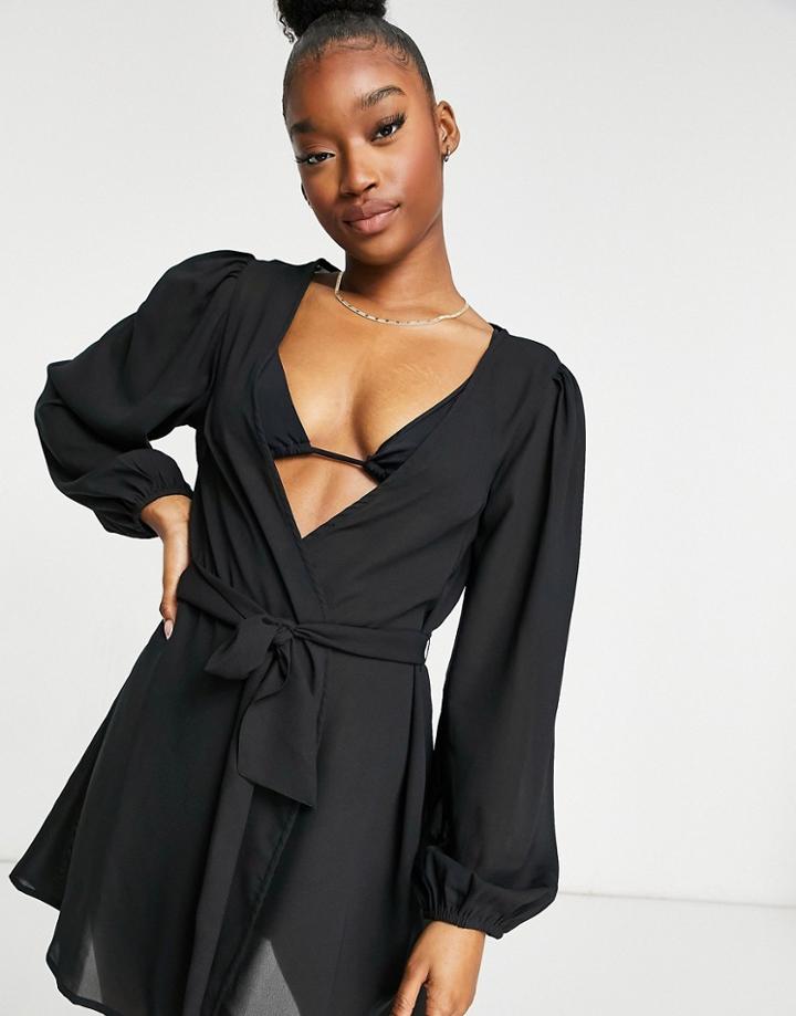 Asos Design Chiffon Belted Beach Kimono In Black
