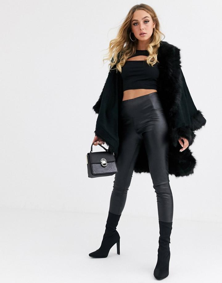 Jayley Double Layer Wool Blend Poncho With Faux Fur Trims