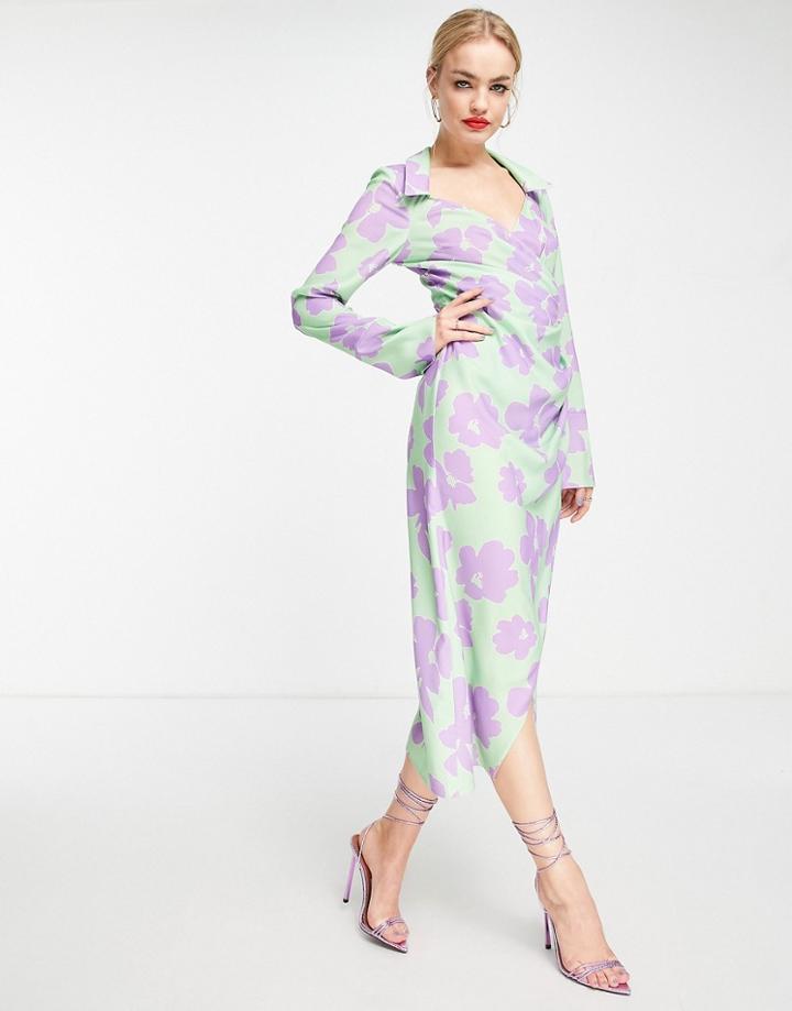 Asos Design 70s Drape Front Wrap Midi Dress In Green With Lilac Floral-multi