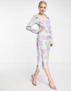 Asos Design 70s Drape Front Wrap Midi Dress In Green With Lilac Floral-multi