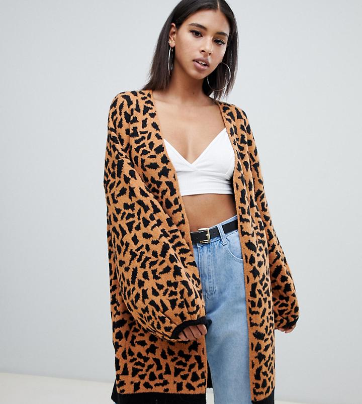 Missguided Longline Cardigan In Leopard - Orange