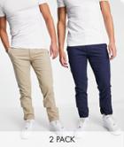 Topman 2-pack Slim Chino Pants In Navy And Stone-multi