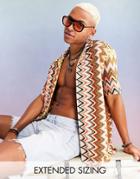 Asos Design Relaxed Camp Collar Shirt In Neutral Crochet Stripe-multi