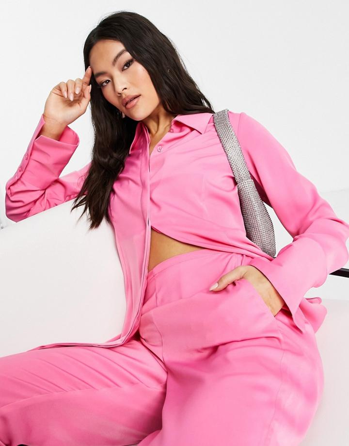 Asos Design Longline Shirt In Pink Satin - Part Of A Set