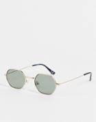 Asos Design 90's/retro Mini Angled Sunglasses In Gold Recycled Metal With Dark Green Lens