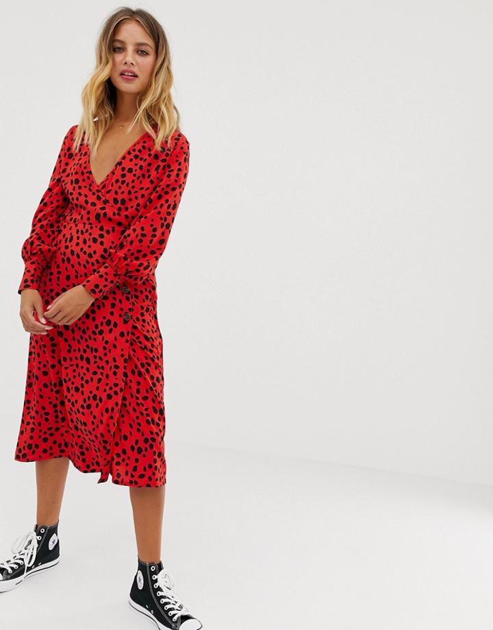 Influence Button Detail Midi Dress In Splodge Print - Red