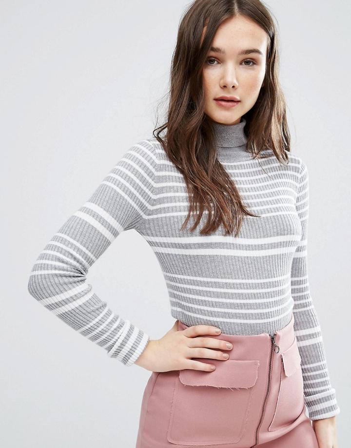 Brave Soul Striped Roll Neck Sweater - Gray