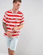 Jaded London Revere Shirt In Red Stripe With Crane Print - Red