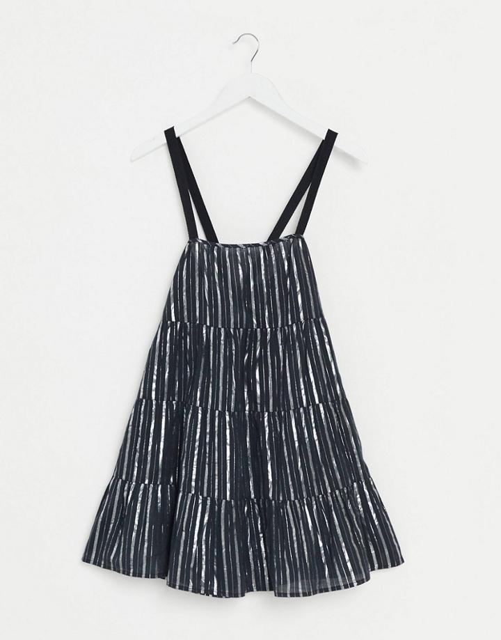 Asos Design Tiered Mini Sundress In Metallic Stripe In Black