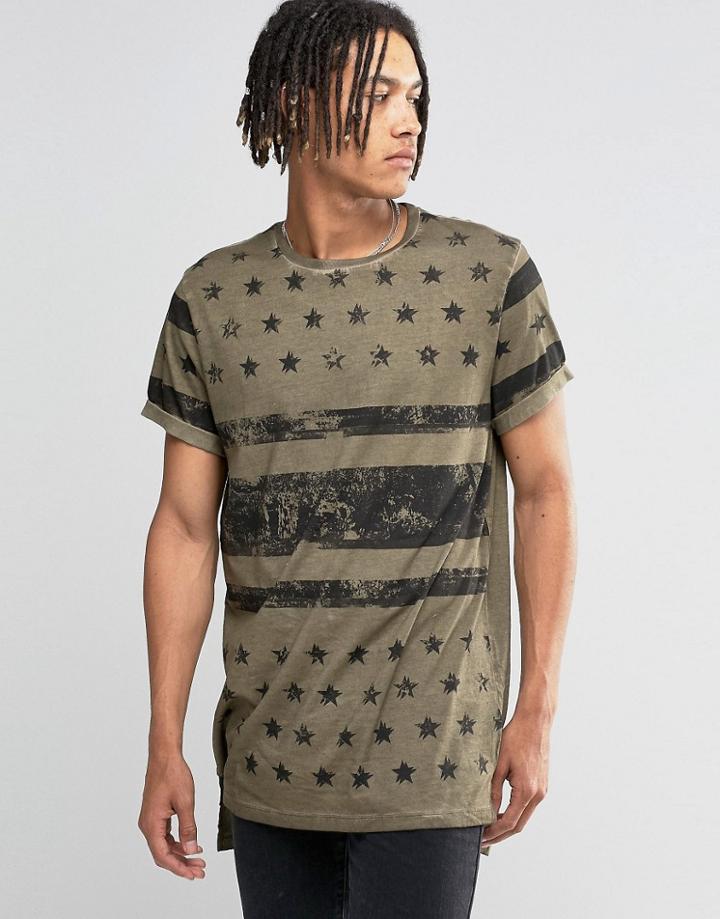 Asos Super Longline T-shirt With Stars And Stripes Flag Print - Khaki