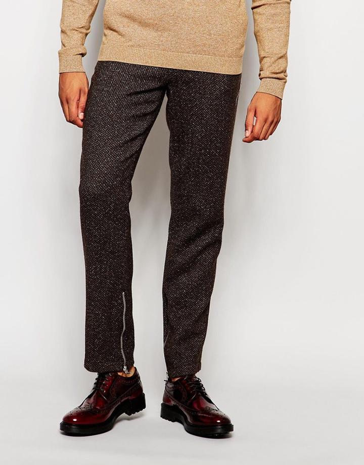 Asos Slim Smart Pants In Herringbone With Zips - Brown