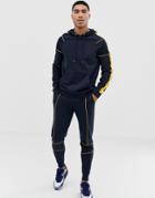 Asos Design Tracksuit Hoodie/skinny Sweatpants With Piping And Mesh Panels In Navy - Navy