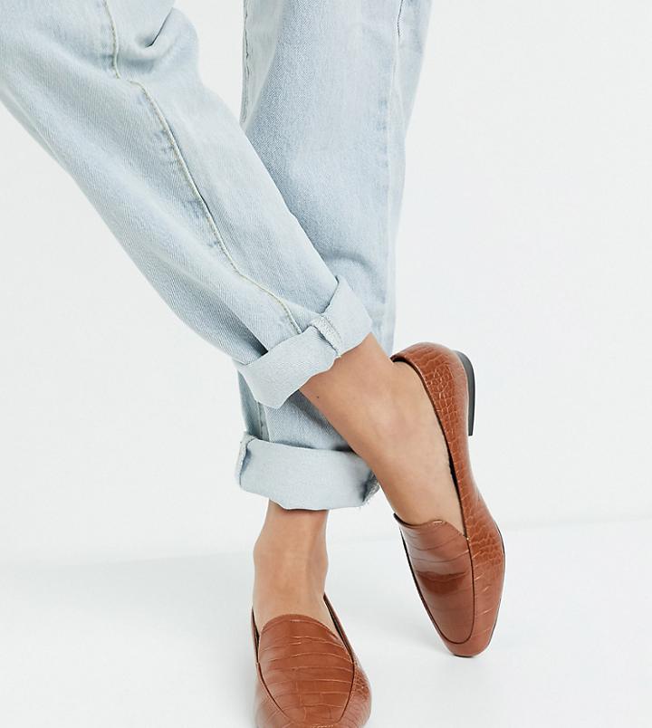 Asos Design Wide Fit Mindy Flat Loafers In Tan Croc-brown