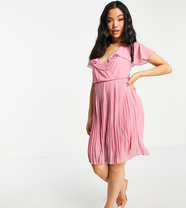 Vila Petite Recycled Blend Pleated Mini Dress With Frill Collar In Pink