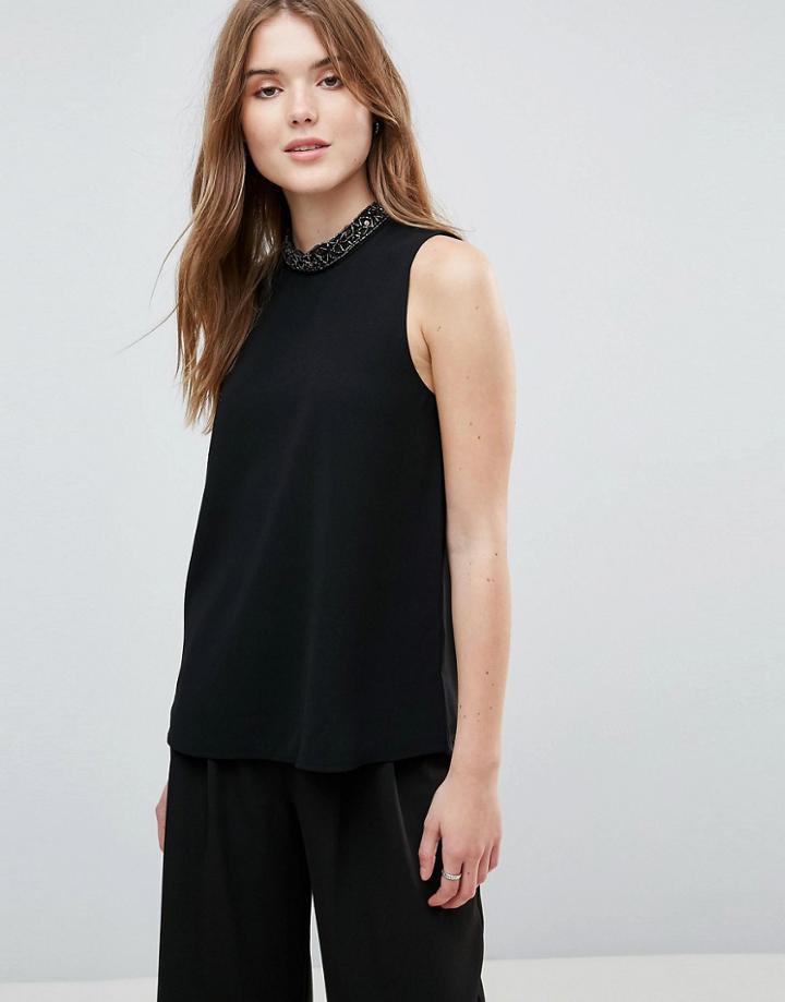 Only Lin Embellished Neck Trim Tank Tank - Black