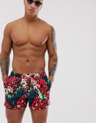 Asos Design Two-piece Swim Shorts In Red Leopard & Leaf Print Short Length - Red
