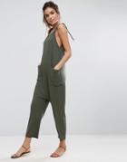Asos Design Jersey Minimal Jumpsuit With Ties - Green