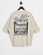 Asos Design Oversized T-shirt In Beige With Burger Back Print-neutral