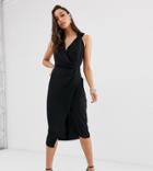 Asos Design Tall Wrap Front Midi Dress-black