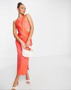 Asos Design Halter Satin Midi Dress With Wrap Waist Detail In Red