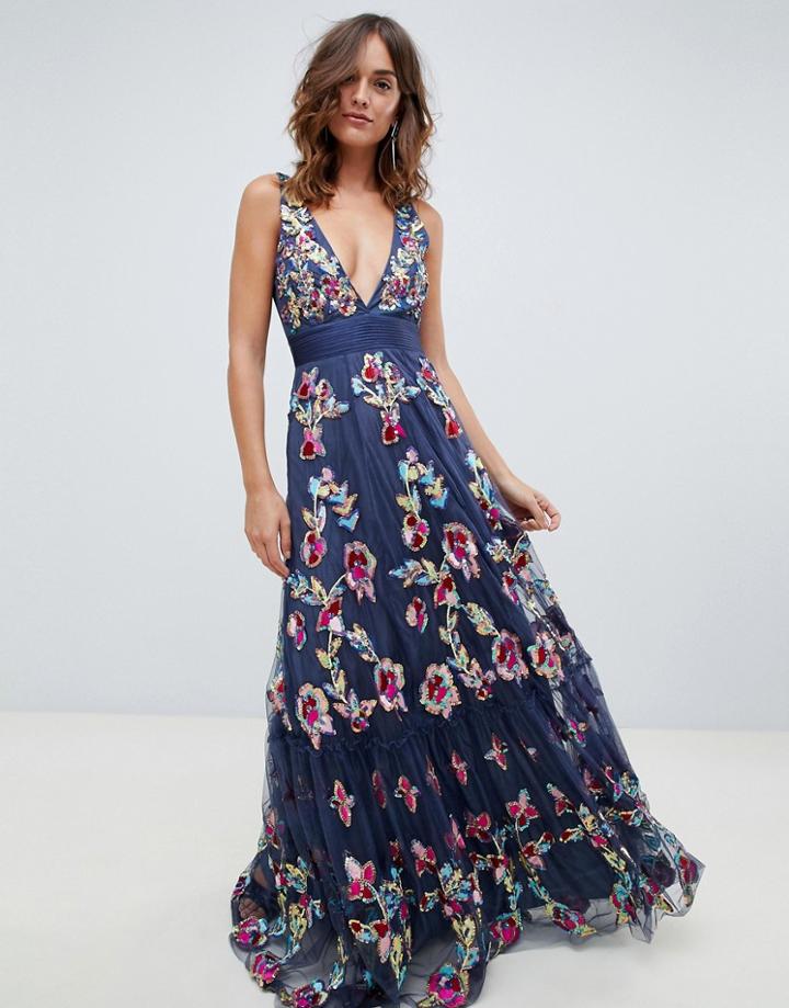 A Star Is Born Embellished Prom Maxi Dress With Plunge Front In Multi - Multi
