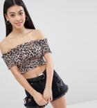 Asos Design Petite Leopard Shirred Bardot Crop Top - Multi