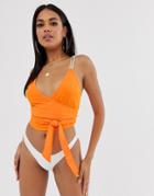 Asos Design Tie Front Beach Crop Top With Braid Straps In Orange - Orange