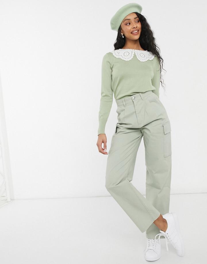 New Look Collar Detail Sweater In Light Green
