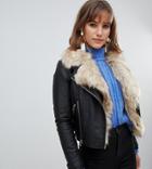 River Island Faux Leather Jacket With Faux Fur Trim In Black - Black