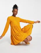 Asos Design Long Sleeve Tiered Smock Mini Dress In Mustard Spot Print-multi