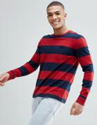 Abercrombie & Fitch Crew Neck Pocket Long Sleeve Top Block Stripe In Red/navy - Red