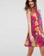 Asos Halter Neck Swing Sundress In Bright Hawaiian Print - Multi