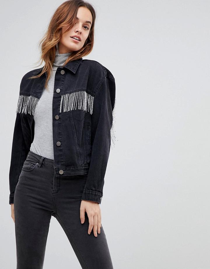 Asos Denim Jacket In Washed Black With Beaded Fringing - Black