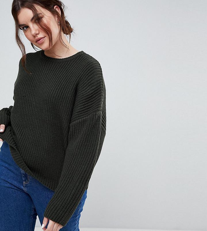 Asos Curve Chunky Sweater In Crop With Volume Sleeve - Green