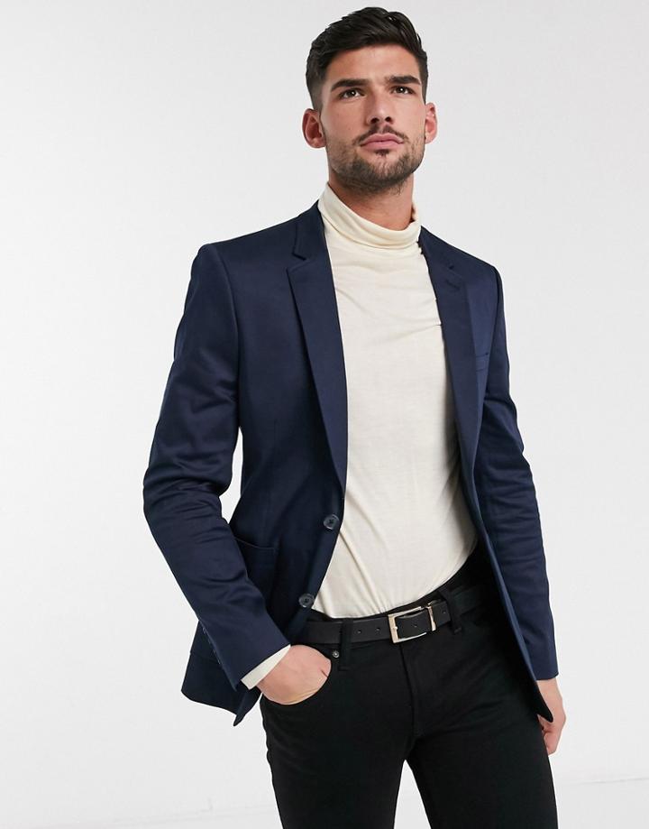 Asos Design Wedding Skinny Blazer In Navy Cotton