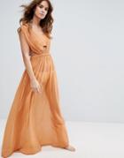 Asos Gathered Ruched Chiffon Maxi Beach Dress - Brown