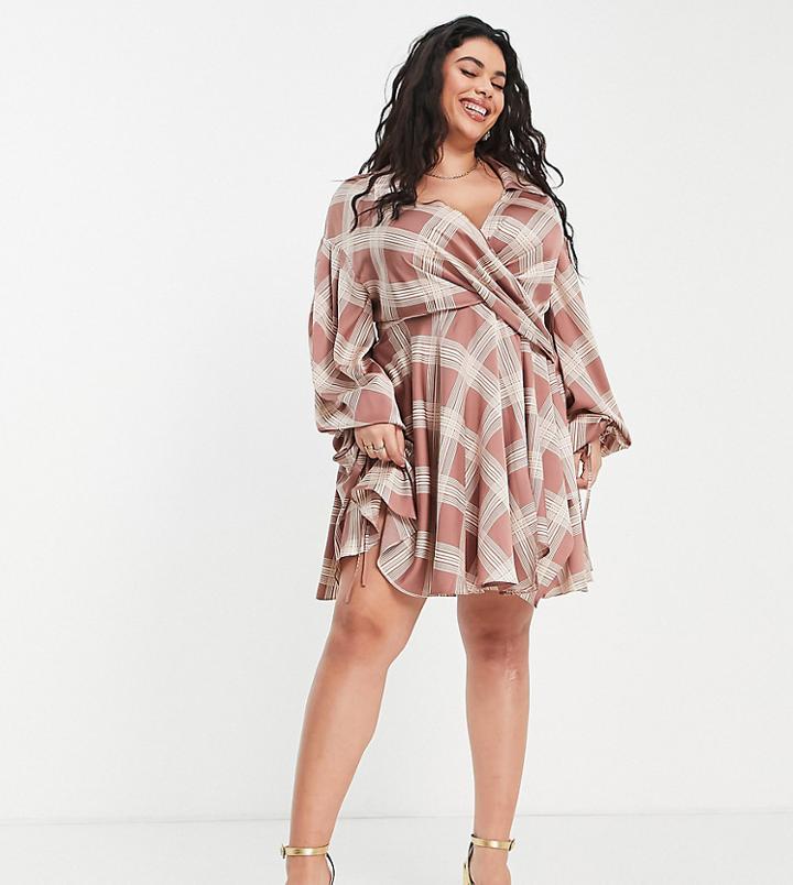 Asos Design Curve Satin Blouson Shirt Mini Dress With Drape Detail In Plaid Print-multi