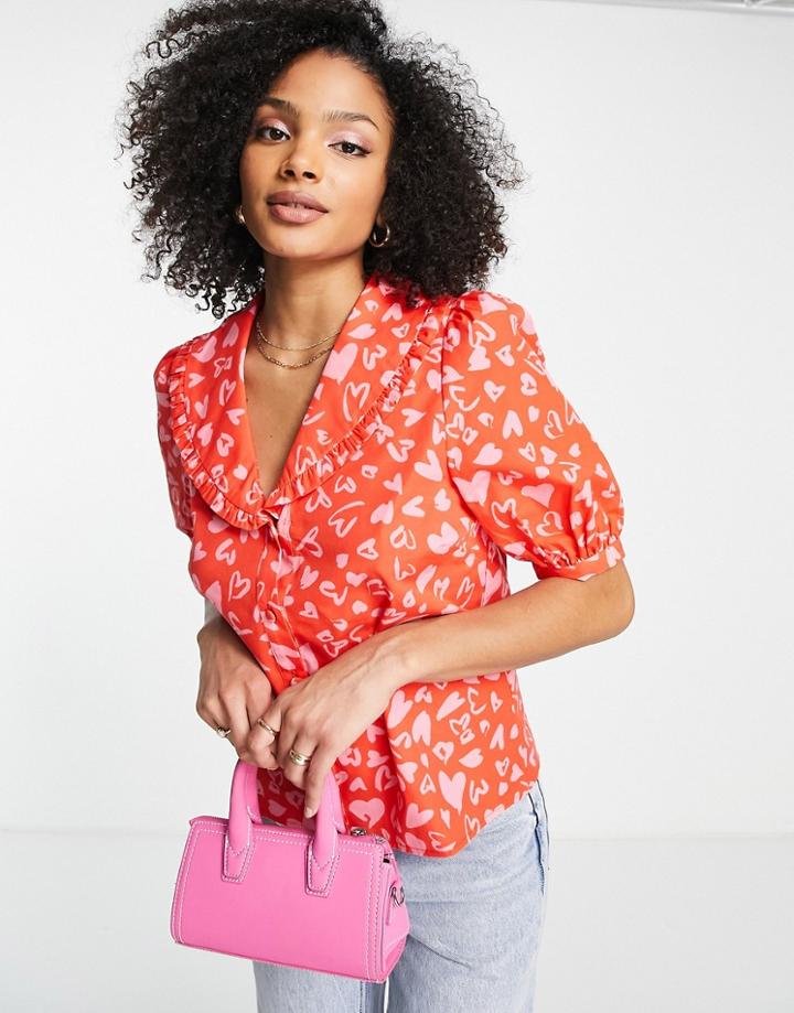 Nobody's Child Oversized Collar Blouse In Pink Heart Print