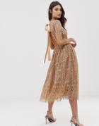 Asos Design Lace Midi Dress With Ribbon Tie And Open Back - Beige