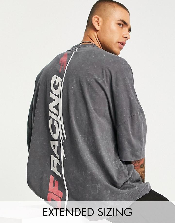 Asos Dark Future Extreme Oversized T-shirt With Front And Back Racing Graphic Prints In Washed Black