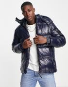 Brave Soul Shiney Puffer Jacket With Hood In Navy