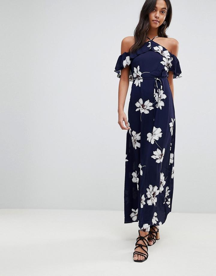 Ax Paris Cross Front Maxi Floral Print Dress - Navy