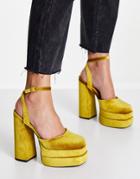Asos Design Pluto Platform Heeled Shoes In Mustard Velvet-yellow
